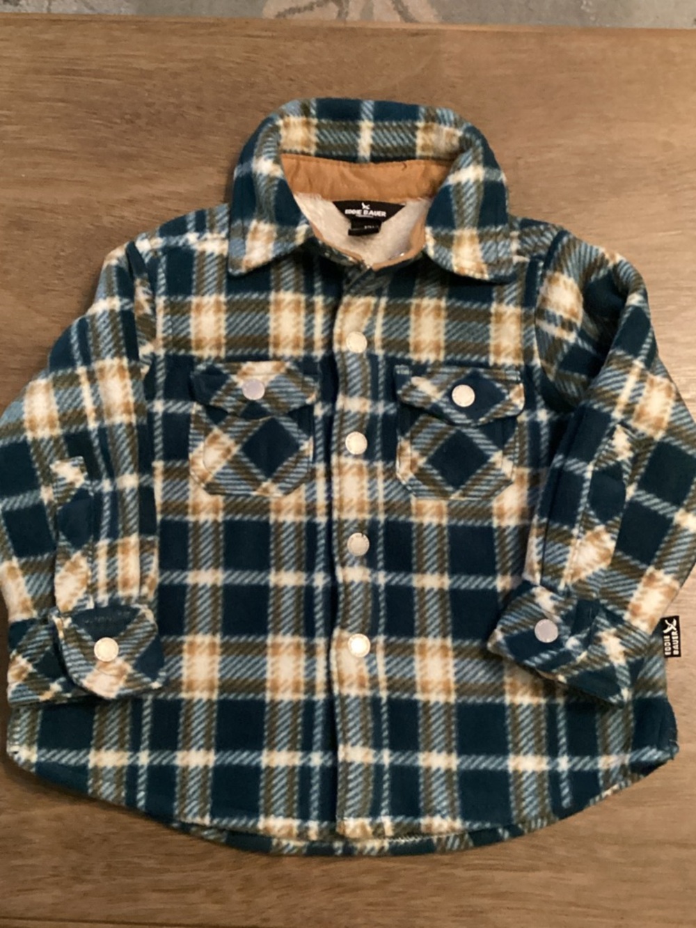 Eddie Bauer Teal & Tan Plaid Snap Front Boys Shirt Jacket Fleece Lined 12 EUC